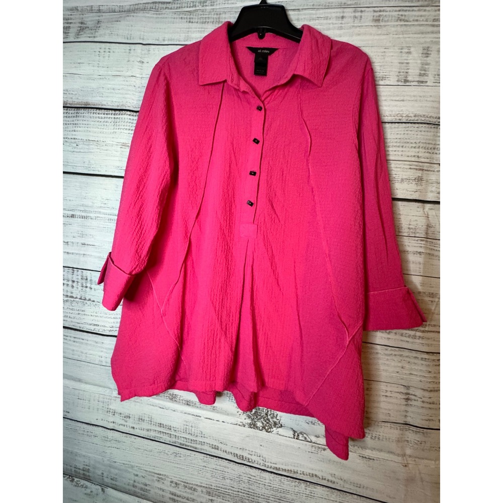 Ali Miles Hot Pink Crinkle Texture Tunic Top Sharkbite Womens Large 3/4 Sleeve